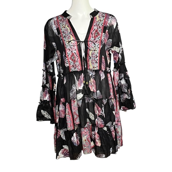 Zury Calypso Printed Boho Dress Cotton Black Pink Tie Front Tiered One Size - Picture 8 of 8
